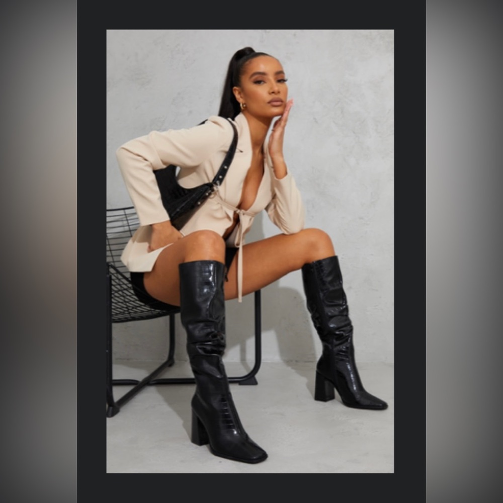 Black High Block Heel Croc Knee High Boots